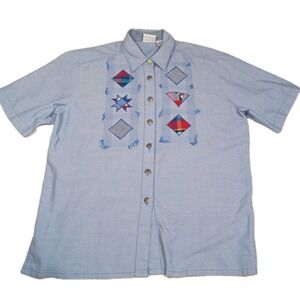 VTG Koret Button Down Shirt Womens M Short Sleeve Blue Cottagecore Grannycore